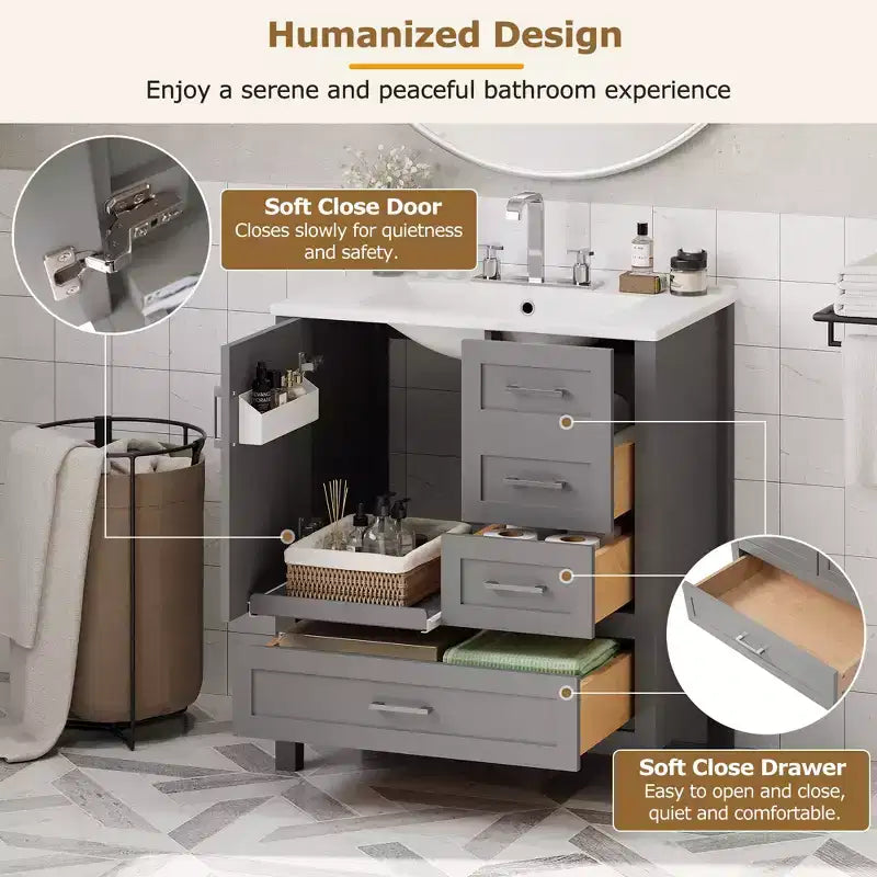 Set Combinato Mobile Lavabo Bagno, Mobile Lavabo Bagno in Legno con Cassetti e Ante, con Vassoio Estraibile, Struttura in Legno Massello Adatto per il bagno