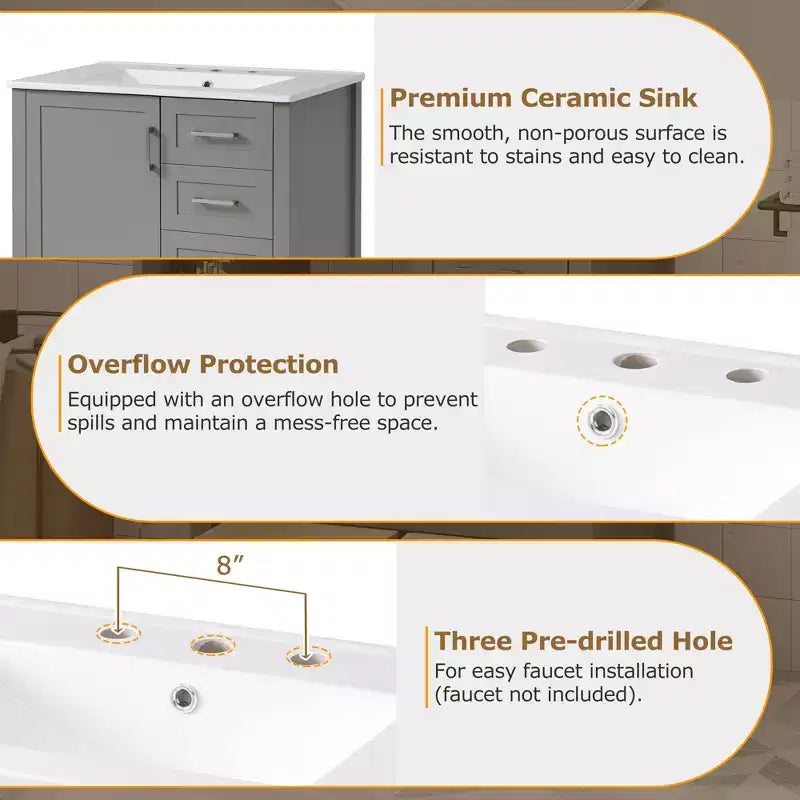 Set Combinato Mobile Lavabo Bagno, Mobile Lavabo Bagno in Legno con Cassetti e Ante, con Vassoio Estraibile, Struttura in Legno Massello Adatto per il bagno