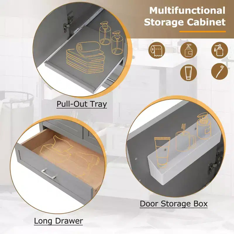Set Combinato Mobile Lavabo Bagno, Mobile Lavabo Bagno in Legno con Cassetti e Ante, con Vassoio Estraibile, Struttura in Legno Massello Adatto per il bagno