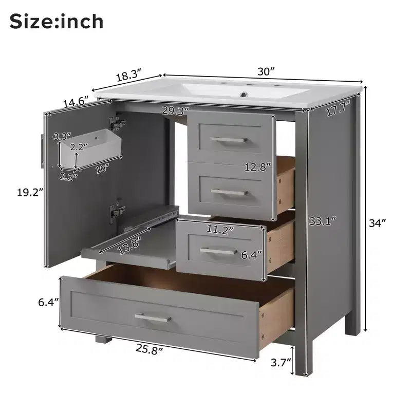 Set Combinato Mobile Lavabo Bagno, Mobile Lavabo Bagno in Legno con Cassetti e Ante, con Vassoio Estraibile, Struttura in Legno Massello Adatto per il bagno