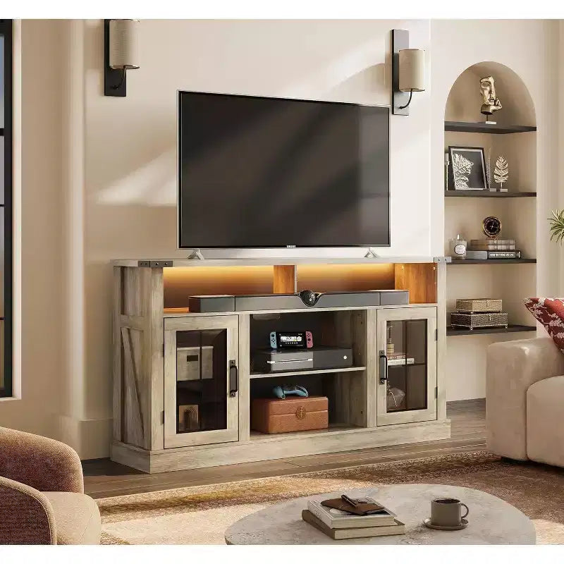 GALAXHERO Mobile TV Rustico per TV da 65 Pollici, con Luci a LED, Armadietti e Ripiani Regolabili per Soggiorno o Home Theater