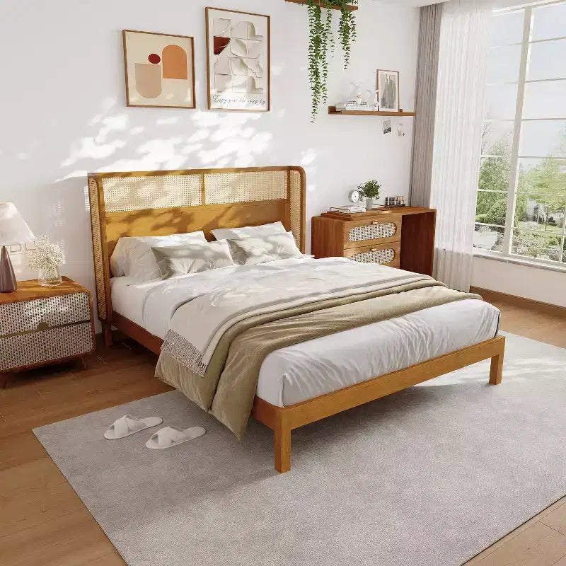 Struttura letto king/queen con testiera, in legno di gomma stile moderno di metà secolo per camera da letto, naturale - ModernLuxe