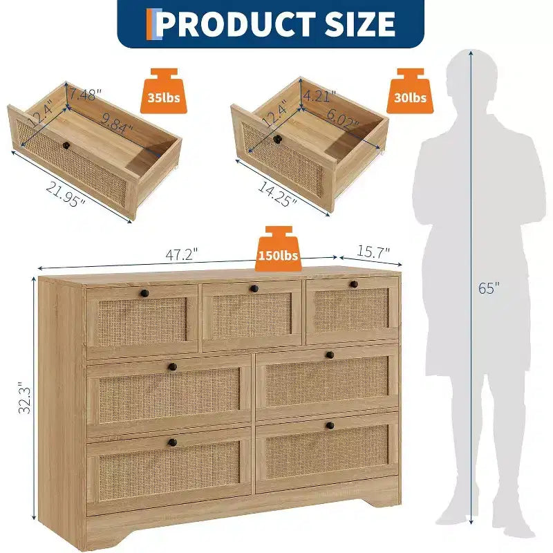 Cassettiera Moderna da Fattoria in Rattan a 7 Cassetti, Organizer per Armadio, Soggiorno, Ingresso, Corridoio, Quercia