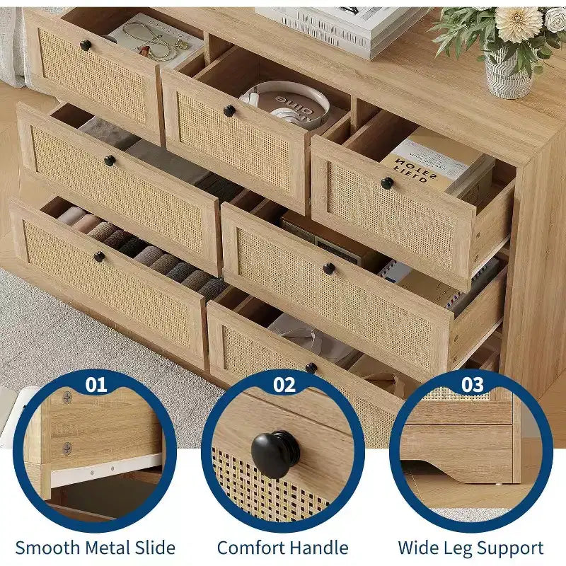 Cassettiera Moderna da Fattoria in Rattan a 7 Cassetti, Organizer per Armadio, Soggiorno, Ingresso, Corridoio, Quercia