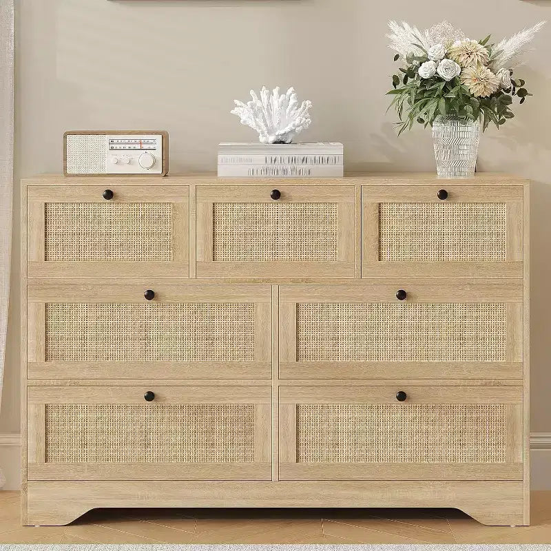 Cassettiera Moderna da Fattoria in Rattan a 7 Cassetti, Organizer per Armadio, Soggiorno, Ingresso, Corridoio, Quercia
