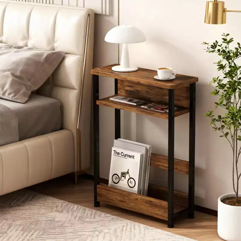 Tavolino Industriale a 3 Ripiani per Piccoli Spazi, Tavolino Laterale Stretto in Legno con Mensole Contenitore, Comodino Sottile