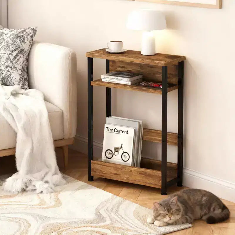 Tavolino Industriale a 3 Ripiani per Piccoli Spazi, Tavolino Laterale Stretto in Legno con Mensole Contenitore, Comodino Sottile