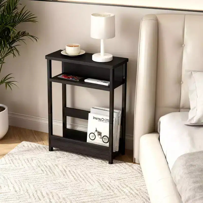 Tavolino Industriale a 3 Ripiani per Piccoli Spazi, Tavolino Laterale Stretto in Legno con Mensole Contenitore, Comodino Sottile