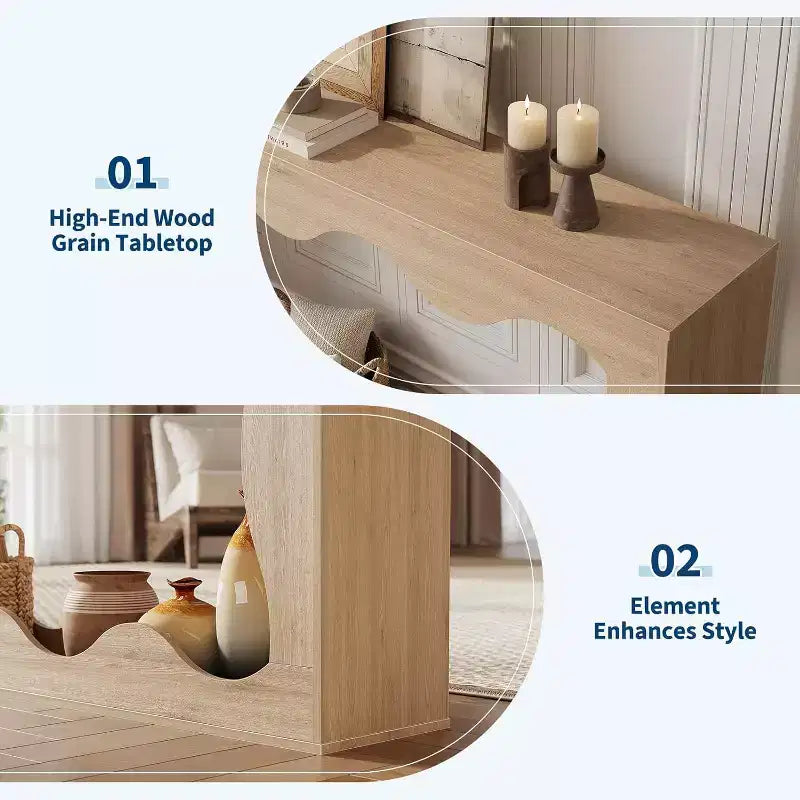 Consolle da 63 pollici con vano portaoggetti e design a onde, tavolino da divano stretto in stile rustico, tavolino dietro il divano, per soggiorno, camera da letto, ingresso