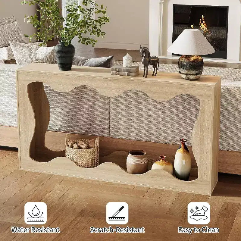 Consolle da 63 pollici con vano portaoggetti e design a onde, tavolino da divano stretto in stile rustico, tavolino dietro il divano, per soggiorno, camera da letto, ingresso