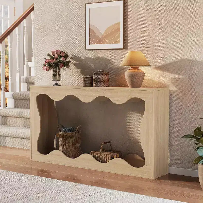 Consolle da 63 pollici con vano portaoggetti e design a onde, tavolino da divano stretto in stile rustico, tavolino dietro il divano, per soggiorno, camera da letto, ingresso