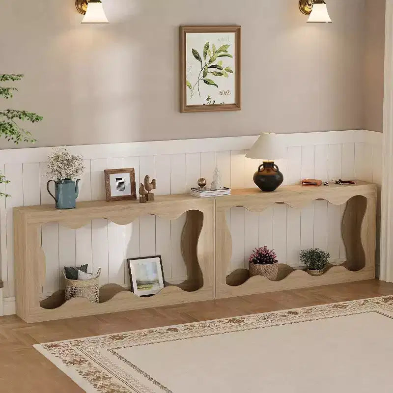 Consolle da 63 pollici con vano portaoggetti e design a onde, tavolino da divano stretto in stile rustico, tavolino dietro il divano, per soggiorno, camera da letto, ingresso