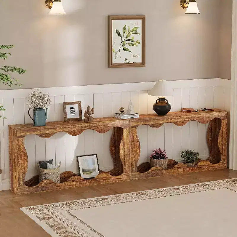Consolle da 63 pollici con vano portaoggetti e design a onde, tavolino da divano stretto in stile rustico, tavolino dietro il divano, per soggiorno, camera da letto, ingresso