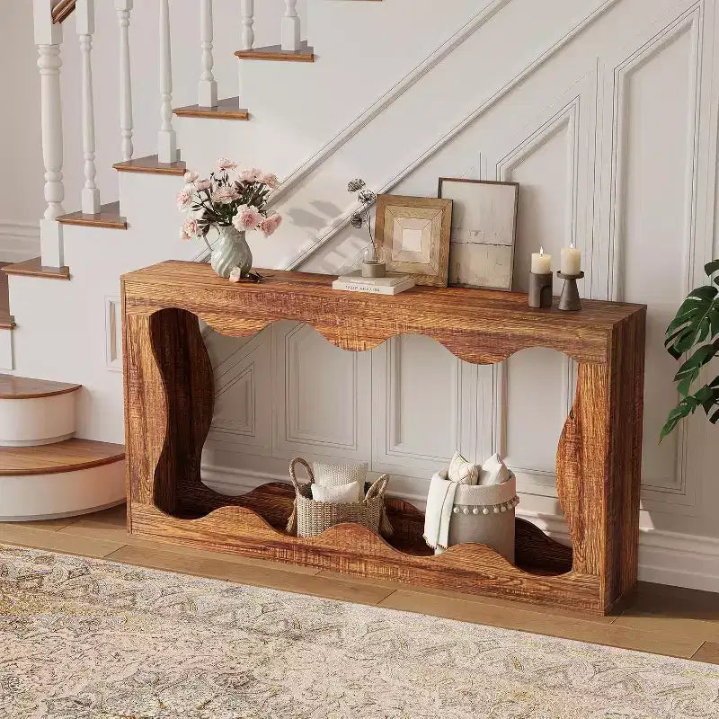63 Console Table with Storage and Wave line design, Farmhouse Narrow Sofa Table, Behind Couch Table, for Living Room, Bedroom, Entryway