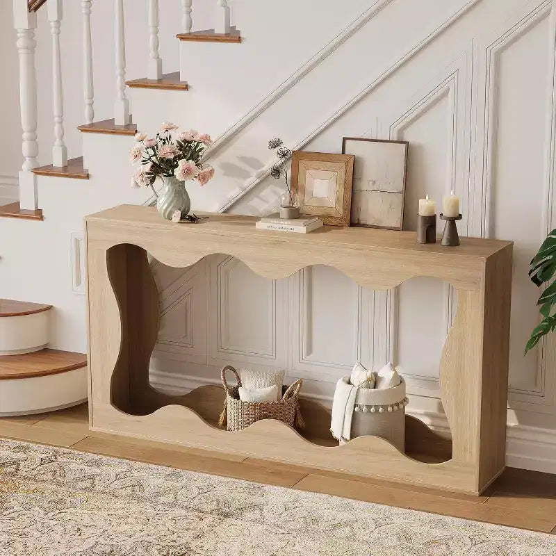 Consolle da 63 pollici con vano portaoggetti e design a onde, tavolino da divano stretto in stile rustico, tavolino dietro il divano, per soggiorno, camera da letto, ingresso