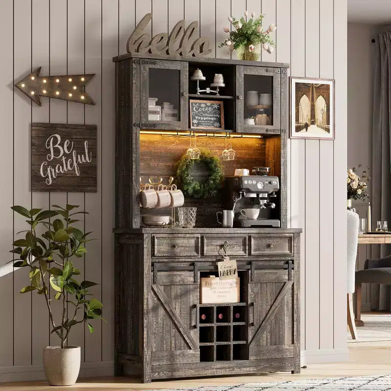 COZONY 72 Mobile credenza da caffè con luci LED, credenza moderna con ante scorrevoli a fienile e portabottiglie per cucina e sala da pranzo