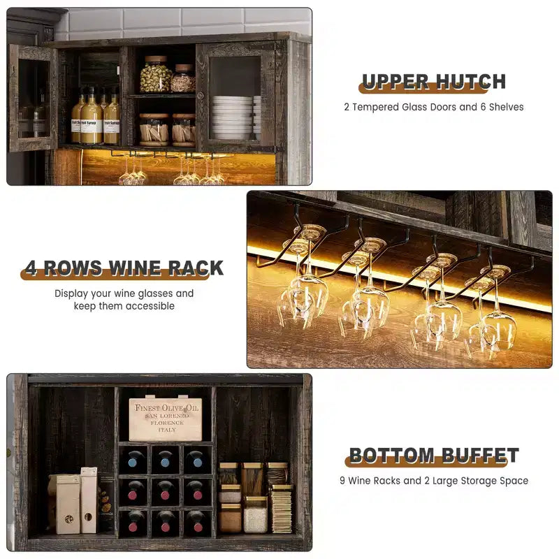 COZONY 72 Mobile credenza da caffè con luci LED, credenza moderna con ante scorrevoli a fienile e portabottiglie per cucina e sala da pranzo