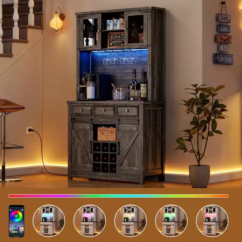 COZONY 72 Mobile credenza da caffè con luci LED, credenza moderna con ante scorrevoli a fienile e portabottiglie per cucina e sala da pranzo