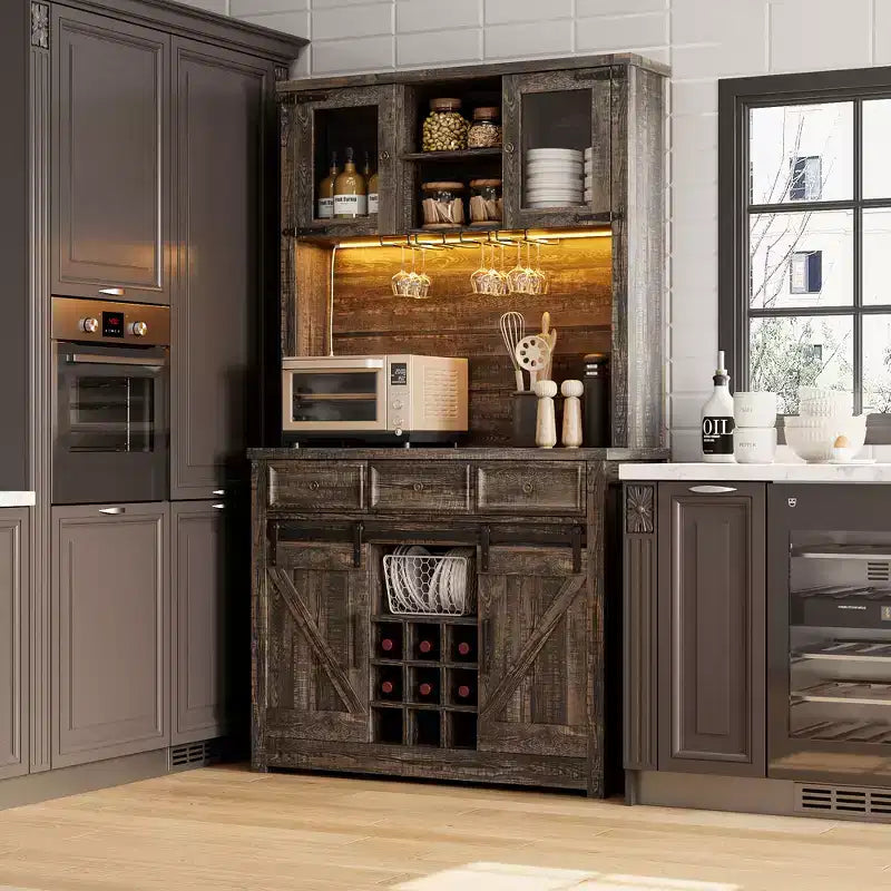 COZONY 72 Mobile credenza da caffè con luci LED, credenza moderna con ante scorrevoli a fienile e portabottiglie per cucina e sala da pranzo