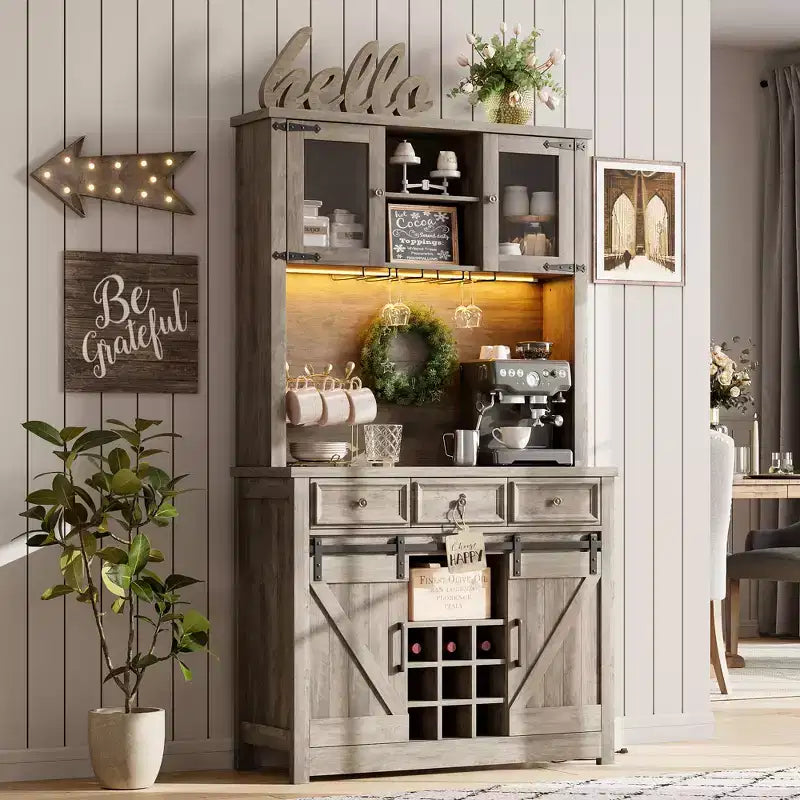 COZONY 72 Mobile credenza da caffè con luci LED, credenza moderna con ante scorrevoli a fienile e portabottiglie per cucina e sala da pranzo
