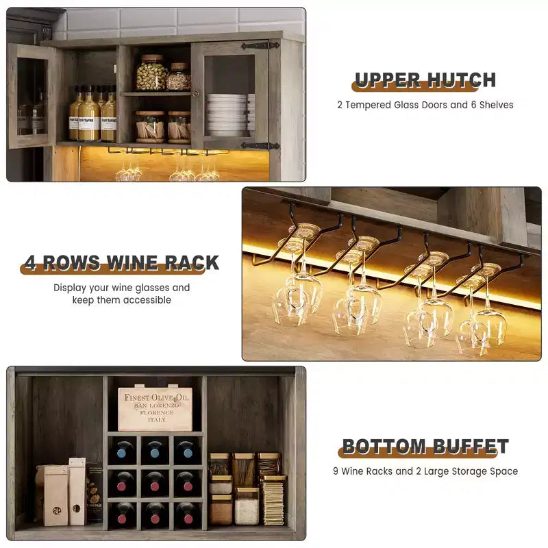 COZONY 72 Mobile credenza da caffè con luci LED, credenza moderna con ante scorrevoli a fienile e portabottiglie per cucina e sala da pranzo