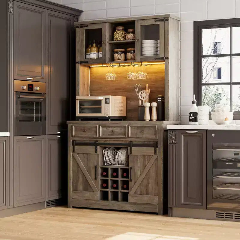 COZONY 72 Mobile credenza da caffè con luci LED, credenza moderna con ante scorrevoli a fienile e portabottiglie per cucina e sala da pranzo