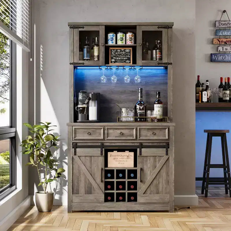 COZONY 72 Mobile credenza da caffè con luci LED, credenza moderna con ante scorrevoli a fienile e portabottiglie per cucina e sala da pranzo