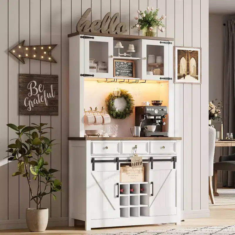COZONY 72 Mobile credenza da caffè con luci LED, credenza moderna con ante scorrevoli a fienile e portabottiglie per cucina e sala da pranzo