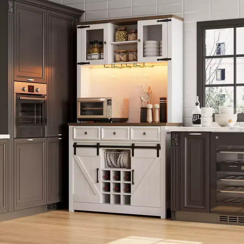 COZONY 72 Mobile credenza da caffè con luci LED, credenza moderna con ante scorrevoli a fienile e portabottiglie per cucina e sala da pranzo