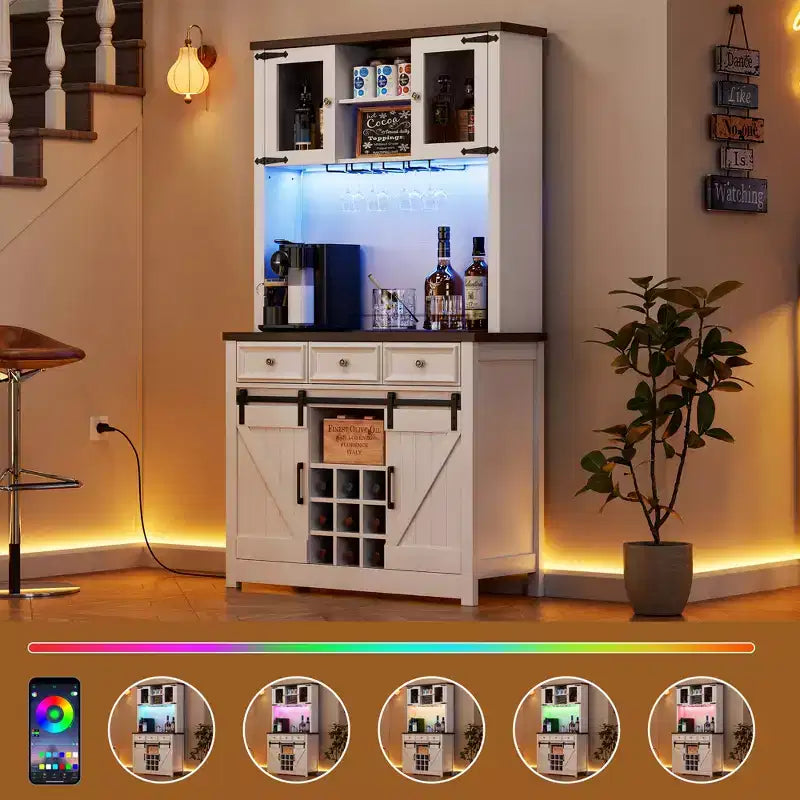 COZONY 72 Mobile credenza da caffè con luci LED, credenza moderna con ante scorrevoli a fienile e portabottiglie per cucina e sala da pranzo