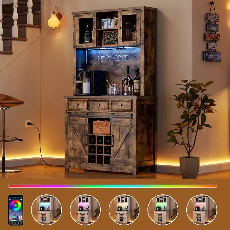 COZONY 72 Mobile credenza da caffè con luci LED, credenza moderna con ante scorrevoli a fienile e portabottiglie per cucina e sala da pranzo