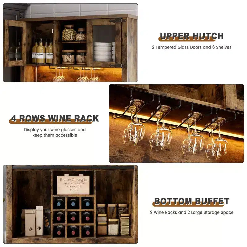 COZONY 72 Mobile credenza da caffè con luci LED, credenza moderna con ante scorrevoli a fienile e portabottiglie per cucina e sala da pranzo