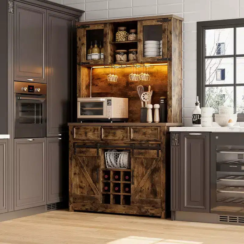 COZONY 72 Mobile credenza da caffè con luci LED, credenza moderna con ante scorrevoli a fienile e portabottiglie per cucina e sala da pranzo