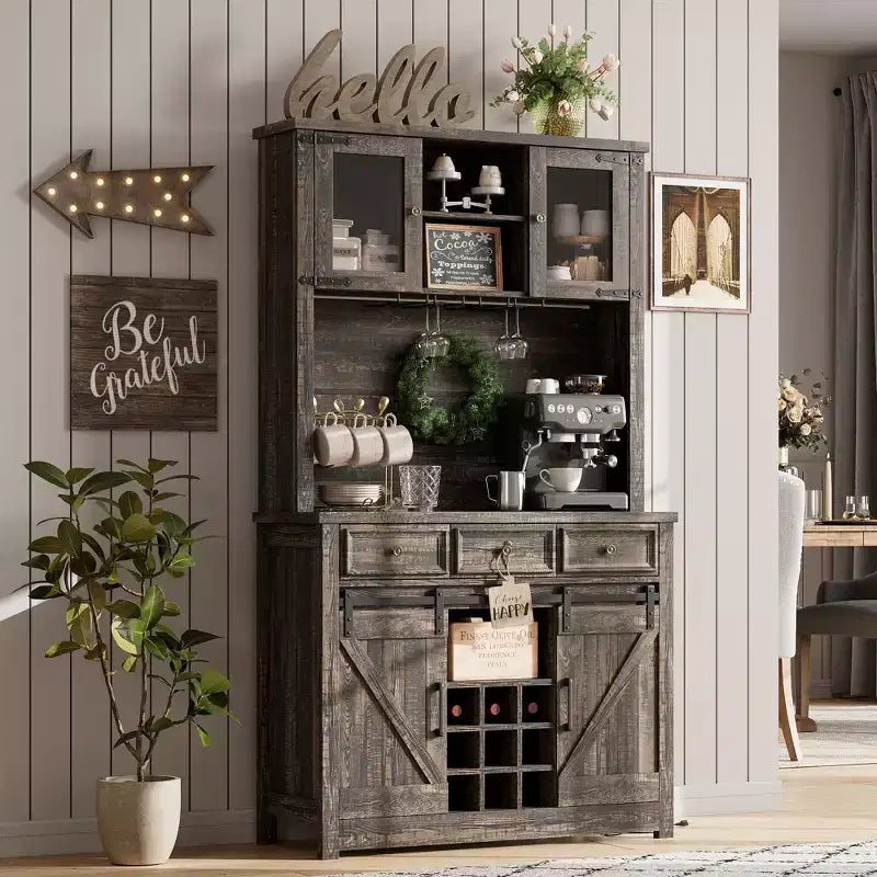 COZONY 72 Mobile credenza da caffè con luci LED, credenza moderna con ante scorrevoli a fienile e portabottiglie per cucina e sala da pranzo