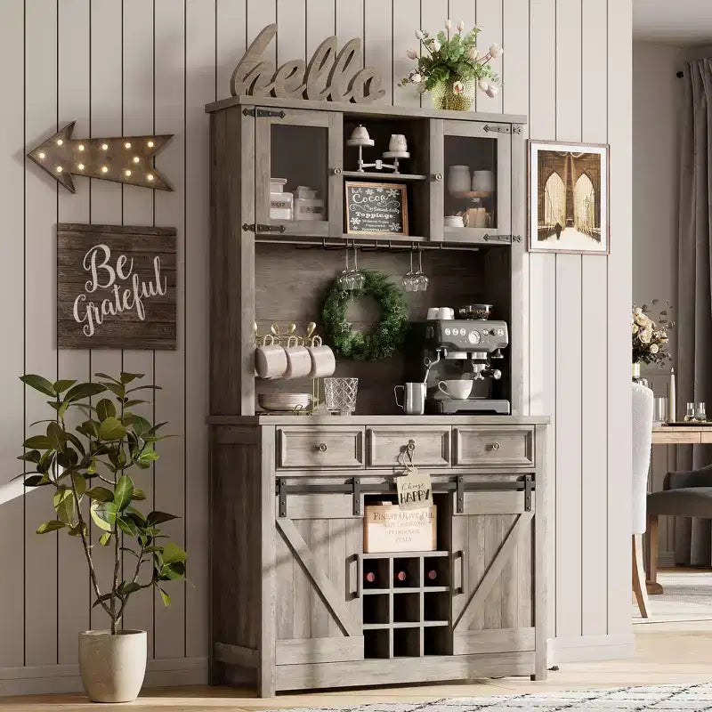COZONY 72 Mobile credenza da caffè con luci LED, credenza moderna con ante scorrevoli a fienile e portabottiglie per cucina e sala da pranzo