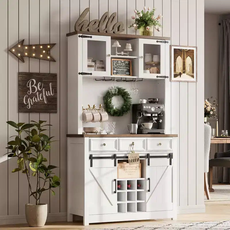 COZONY 72 Mobile credenza da caffè con luci LED, credenza moderna con ante scorrevoli a fienile e portabottiglie per cucina e sala da pranzo