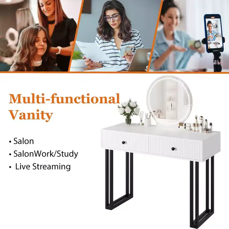 Toeletta Trucco con Specchio Rotondo HD, Toeletta Moderna Nera da 40" con 2 Cassetti, Toeletta Compatta per Ragazze per la Camera da Letto