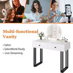 Toeletta Trucco con Specchio Rotondo HD, Toeletta Moderna Nera da 40" con 2 Cassetti, Toeletta Compatta per Ragazze per la Camera da Letto