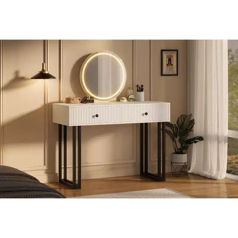 Toeletta Trucco con Specchio Rotondo HD, Toeletta Moderna Nera da 40" con 2 Cassetti, Toeletta Compatta per Ragazze per la Camera da Letto