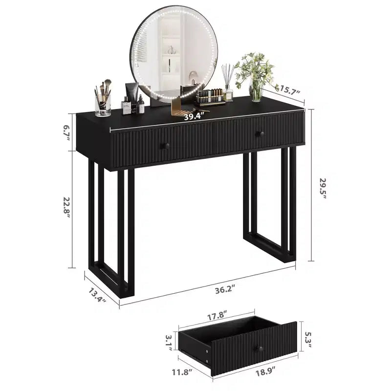 Toeletta Trucco con Specchio Rotondo HD, Toeletta Moderna Nera da 40" con 2 Cassetti, Toeletta Compatta per Ragazze per la Camera da Letto