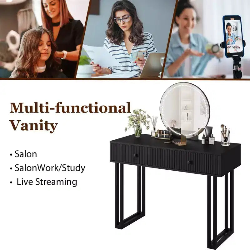Toeletta Trucco con Specchio Rotondo HD, Toeletta Moderna Nera da 40" con 2 Cassetti, Toeletta Compatta per Ragazze per la Camera da Letto