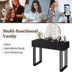 Toeletta Trucco con Specchio Rotondo HD, Toeletta Moderna Nera da 40" con 2 Cassetti, Toeletta Compatta per Ragazze per la Camera da Letto
