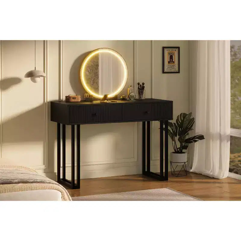 Toeletta Trucco con Specchio Rotondo HD, Toeletta Moderna Nera da 40" con 2 Cassetti, Toeletta Compatta per Ragazze per la Camera da Letto