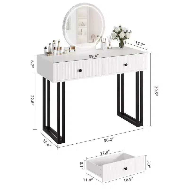 Toeletta Trucco con Specchio Rotondo HD, Toeletta Moderna Nera da 40" con 2 Cassetti, Toeletta Compatta per Ragazze per la Camera da Letto