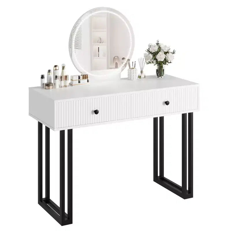 Toeletta Trucco con Specchio Rotondo HD, Toeletta Moderna Nera da 40" con 2 Cassetti, Toeletta Compatta per Ragazze per la Camera da Letto