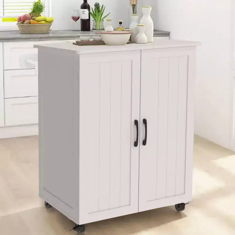 Okak Isola per Cucina Piccola con Contenitore, Carrello da Cucina con Anta Scorrevole Stile Fienile e Ruote, Isola Mobile per Sala da Pranzo, Cucina, Soggiorno, Bianco