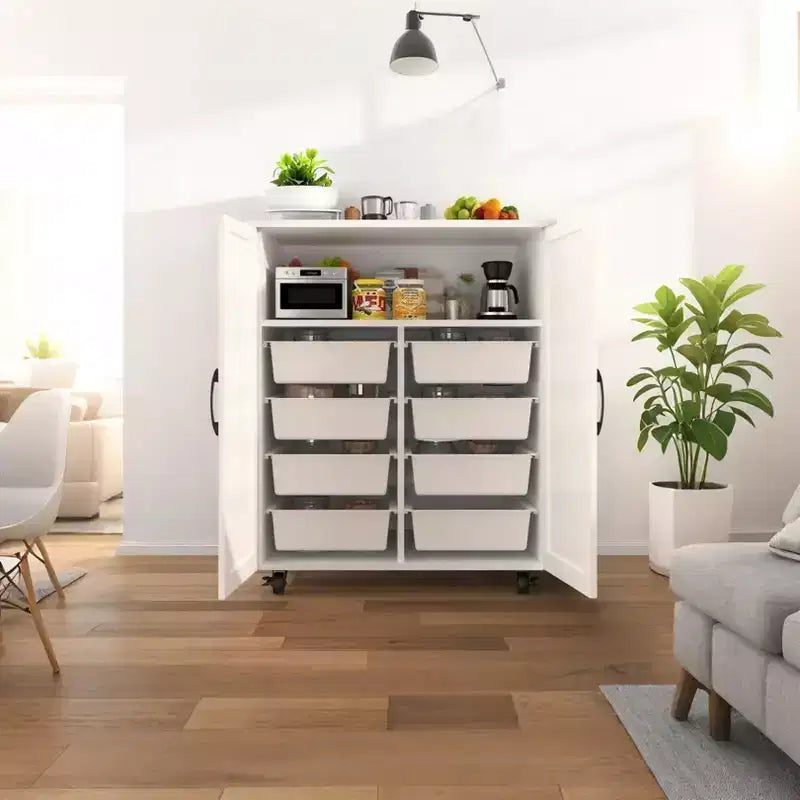 Okak Isola per Cucina Piccola con Contenitore, Carrello da Cucina con Anta Scorrevole Stile Fienile e Ruote, Isola Mobile per Sala da Pranzo, Cucina, Soggiorno, Bianco