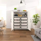 Okak Isola per Cucina Piccola con Contenitore, Carrello da Cucina con Anta Scorrevole Stile Fienile e Ruote, Isola Mobile per Sala da Pranzo, Cucina, Soggiorno, Bianco