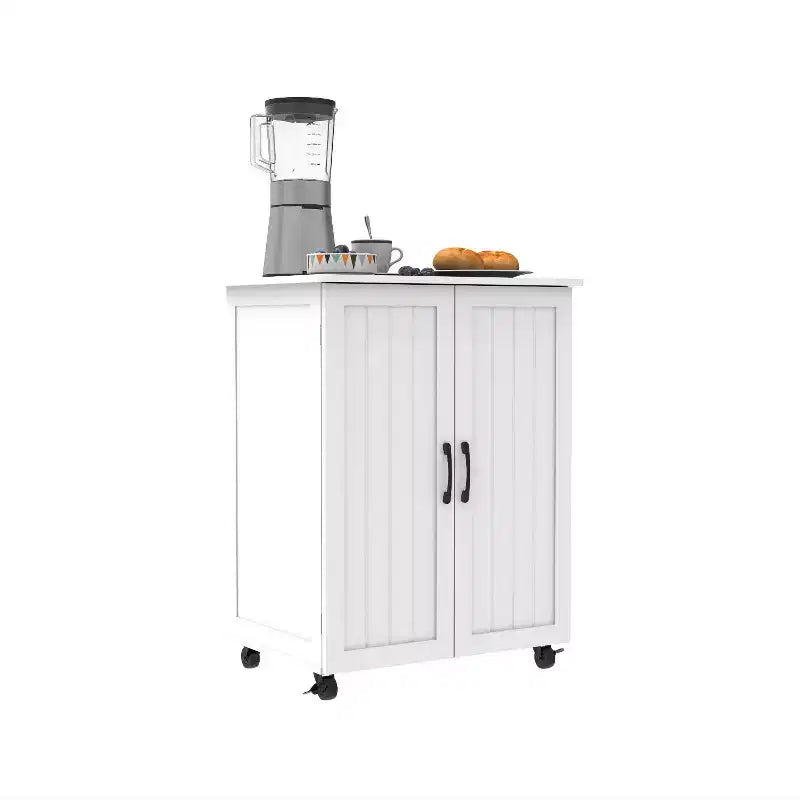 Okak Isola per Cucina Piccola con Contenitore, Carrello da Cucina con Anta Scorrevole Stile Fienile e Ruote, Isola Mobile per Sala da Pranzo, Cucina, Soggiorno, Bianco