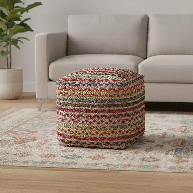HomeRoots pouf/ottoman a righe in iuta intrecciata naturale e arcobaleno e poliestere da 18 pollici